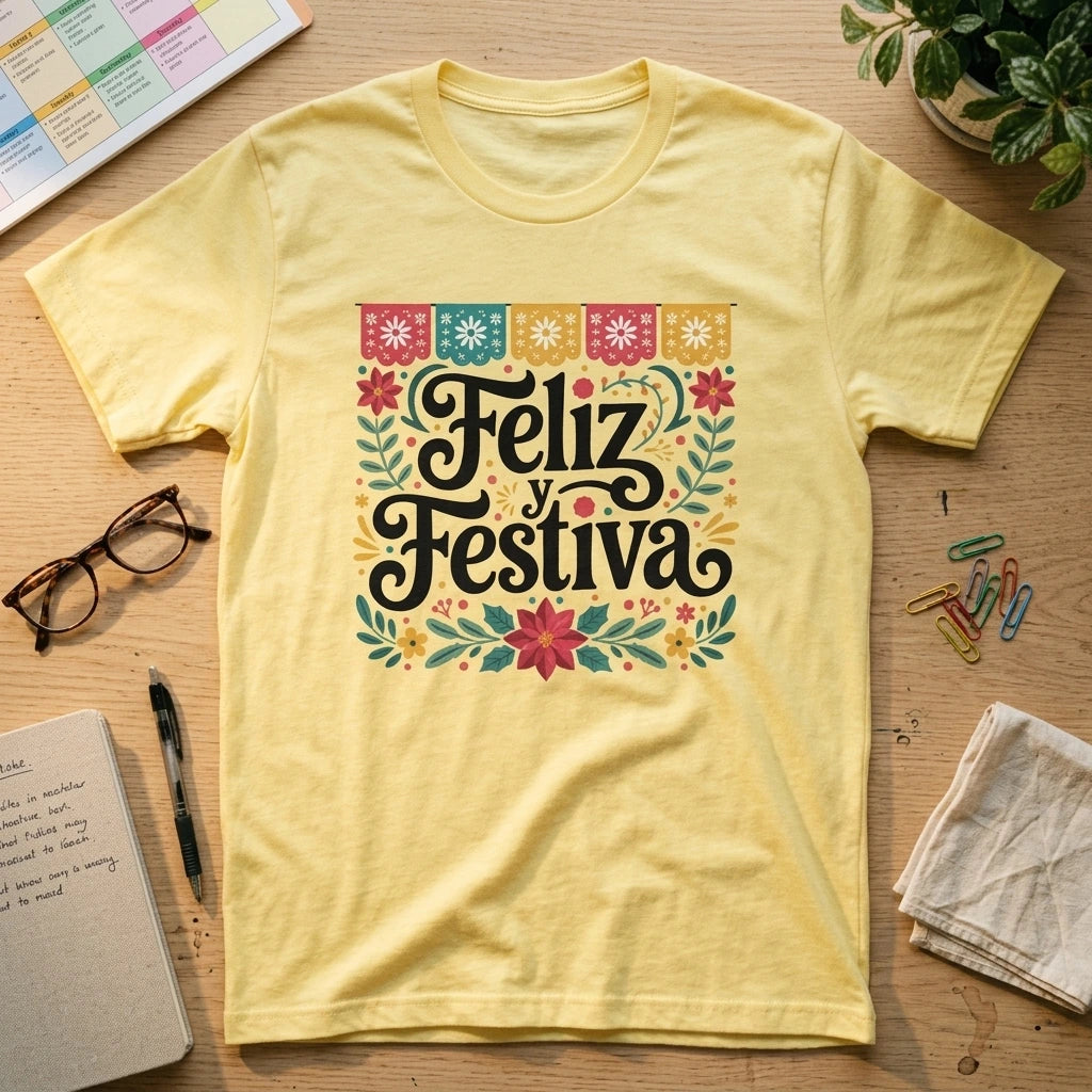 Feliz y Festiva | Create an ultra-photorealistic, back-to-school flatlay scene featuring the provided image as the unmistakable focal point.